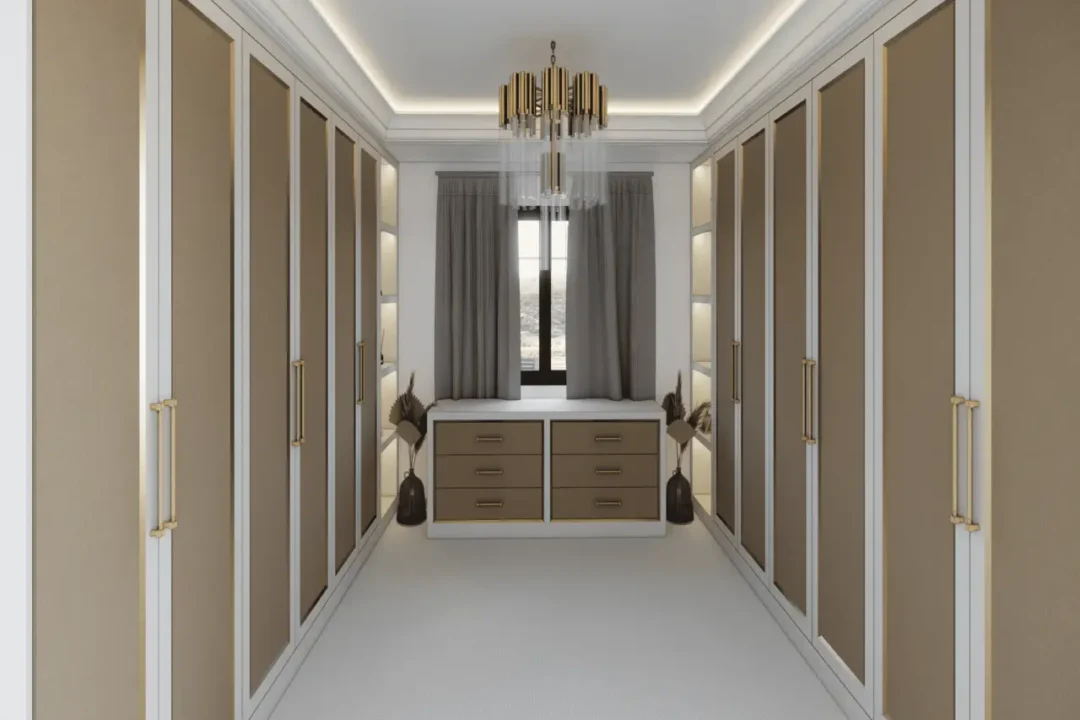 An elegant walk-in closet with bespoke fitted wardrobes providing ample storage space.