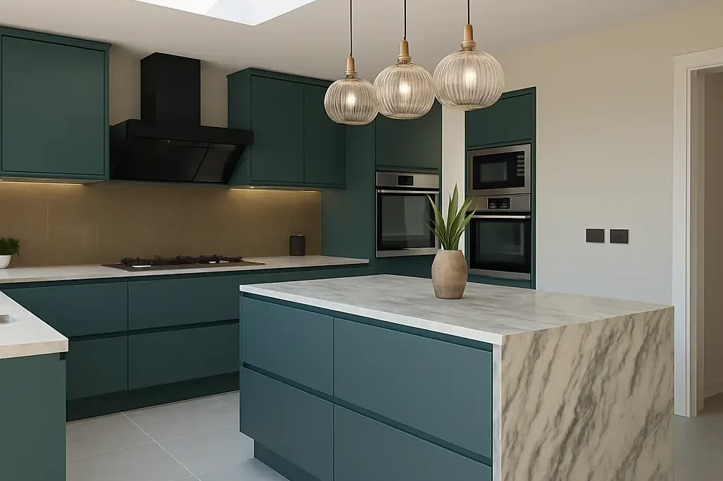 A modern kitchen featuring custom cabinets and sleek black quartz worktops, designed for optimal functionality and style